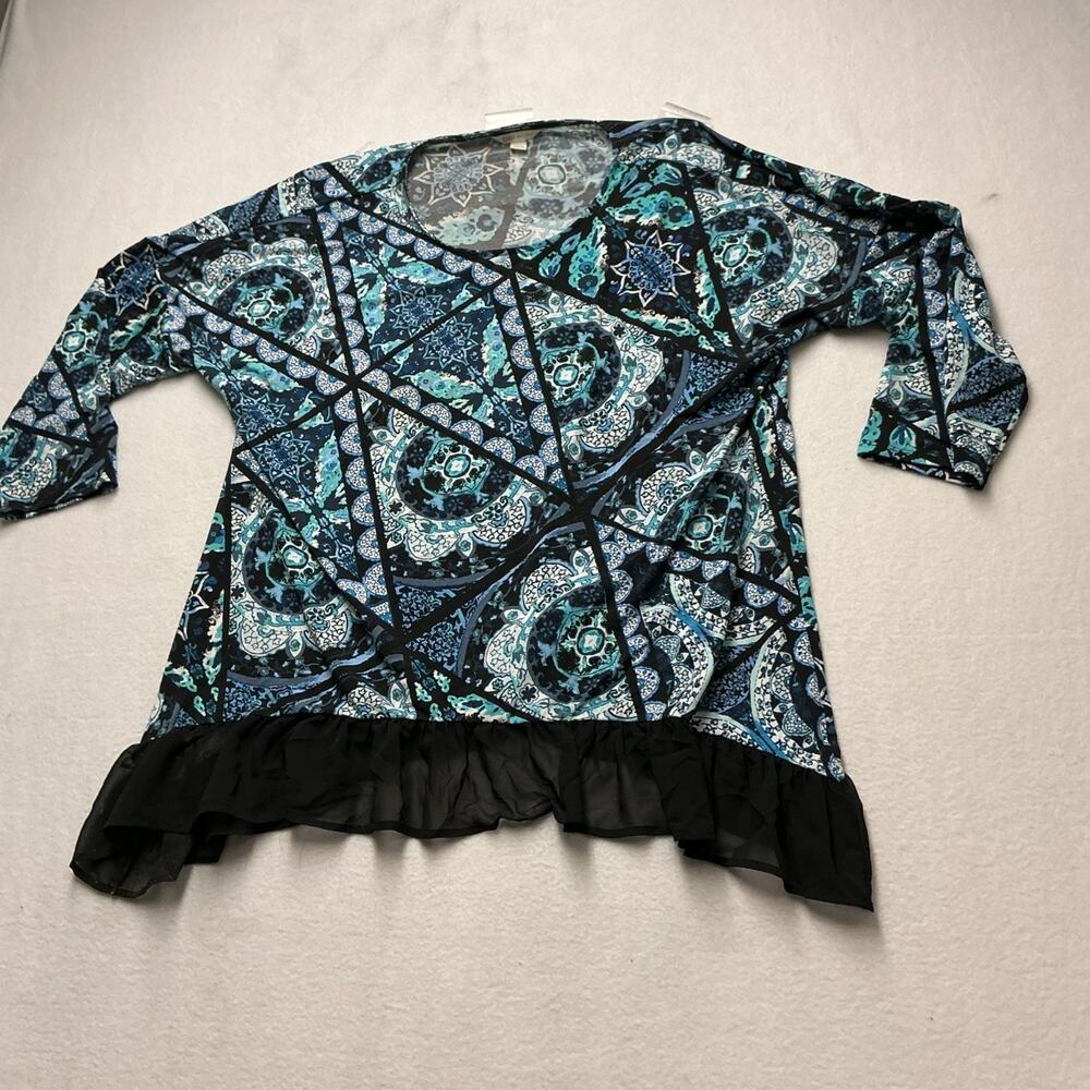 Cato Blue Black Nylon Stretch Sheer Trim 3/4 Sleeve Top Shirt Womens Sz XL, 4157